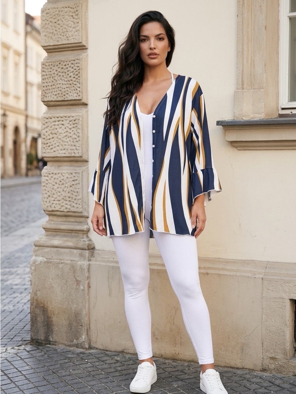 Plus-Size Striped Button-Front Shirt Blazer in Navy, White & Mustard
